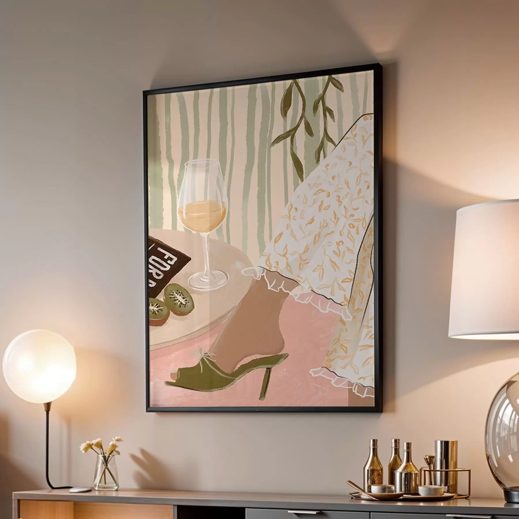 carta da parati Tavolo con bicchiere da vino e kiwi vicino al vestito nr. f48021