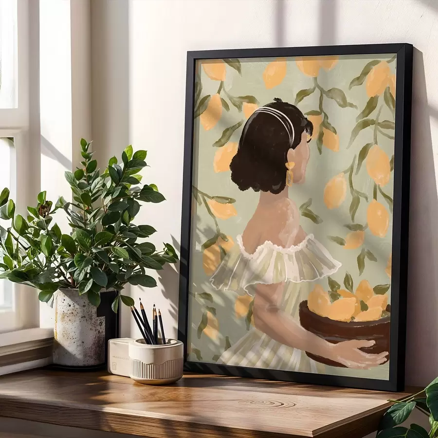 carta da parati Donna che tiene una ciotola di limoni per i rami nr. f48023