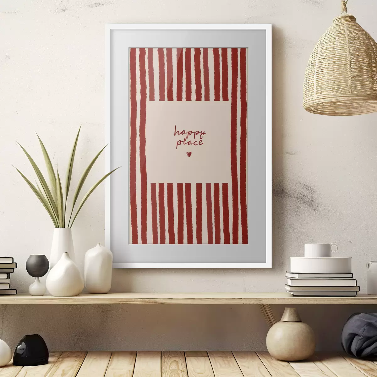 Poster Strisce rosse con testo "happy place" f48025
