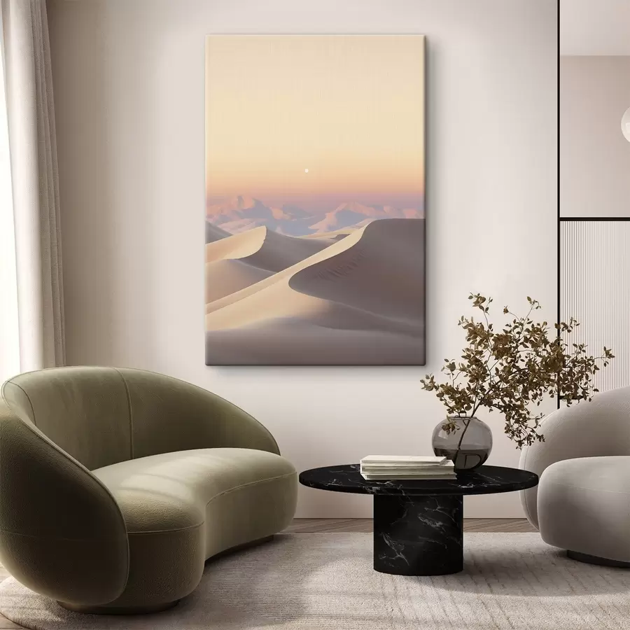 carta da parati Un paesaggio desertico con dune di sabbia ondulate sotto un cielo dai colori tenui, montagne lontane sullo sfondo nr. s47865