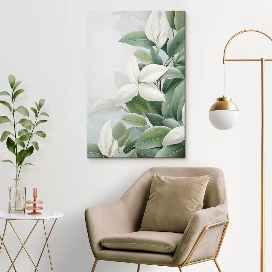 carta da parati Fiori bianchi con foglie verdi, sfondo pastello nr. s47870