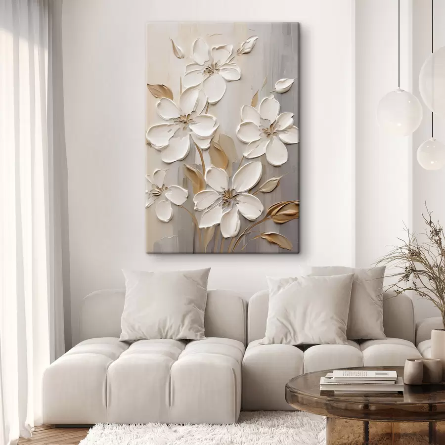 carta da parati Fiori bianchi astratti con petali testurizzati, su uno sfondo neutro con sottili pennellate imitazione nr. s47874