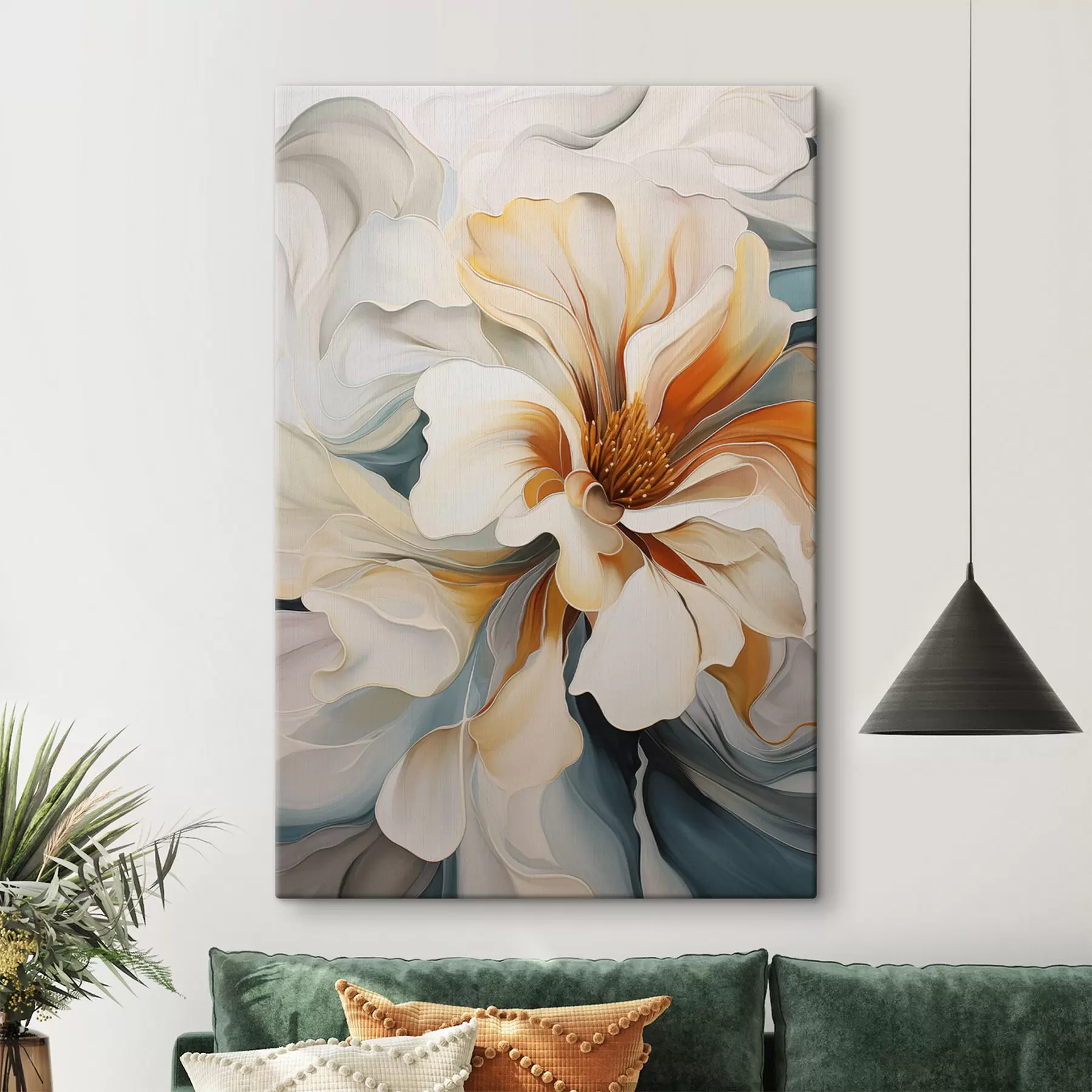 carta da parati Fiore astratto di grandi dimensioni con petali bianchi, arancioni e verde acqua, sfondo strutturato nr. s47877