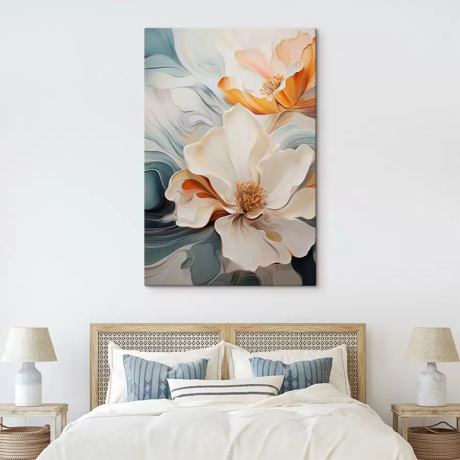 carta da parati Fiore astratto di grandi dimensioni con petali bianchi, arancioni e verde acqua, sfondo strutturato nr. s47878