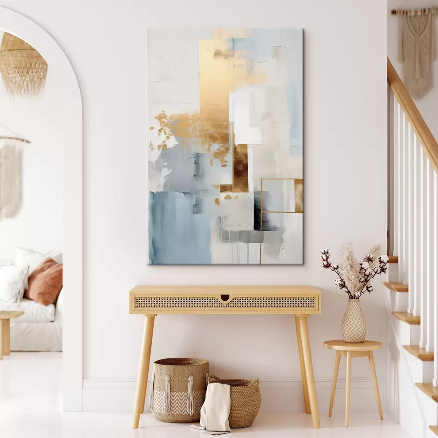 carta da parati Forme geometriche astratte con colori giallo, blu e bianco, composizione minimalista e materica nr. s47881