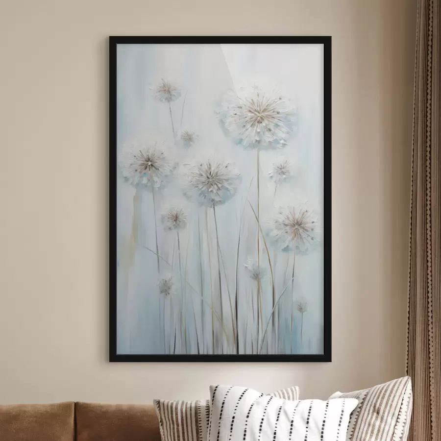 carta da parati Stile pittorico materico di denti di leone su uno sfondo morbido blu e bianco nr. f47856