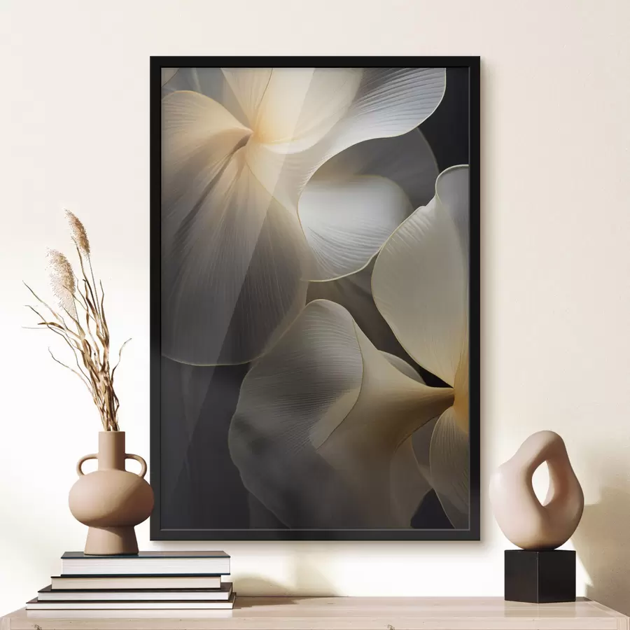 carta da parati Petali astratti fluidi e traslucidi con linee delicate, su sfondo scuro nr. f47859