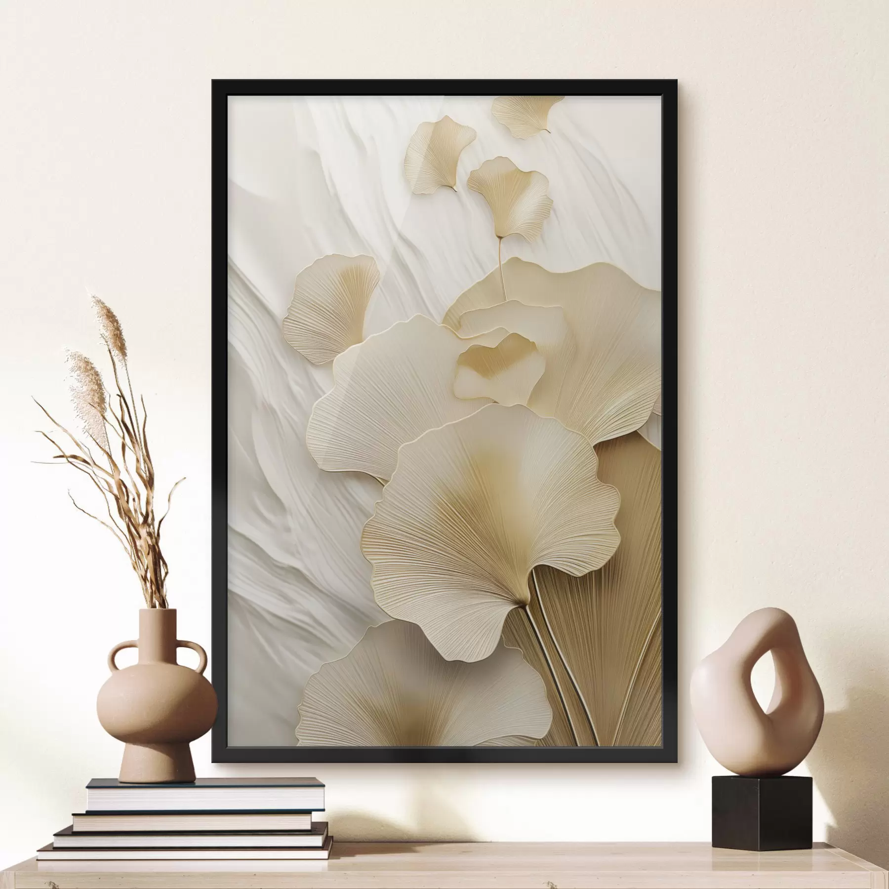 carta da parati Foglie astratte di ginkgo su uno sfondo leggero e strutturato, composizione elegante e astratta nr. f47868