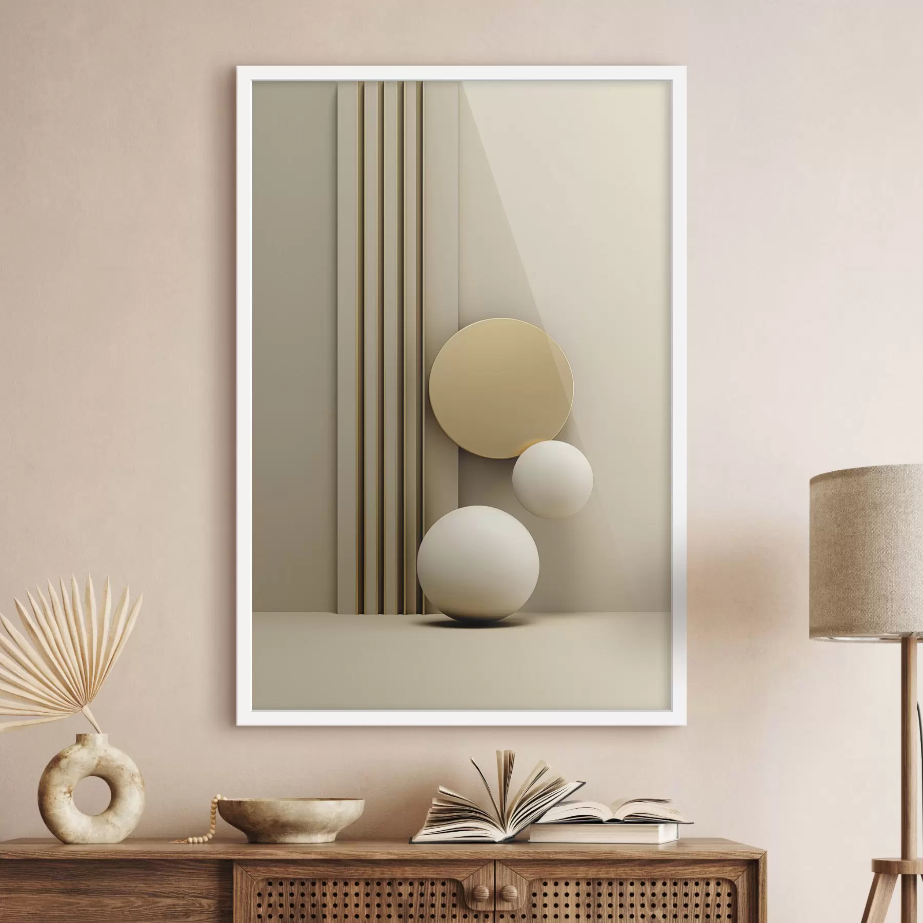 carta da parati Astratto beige arte moderna con linee verticali e sfere nr. f47871
