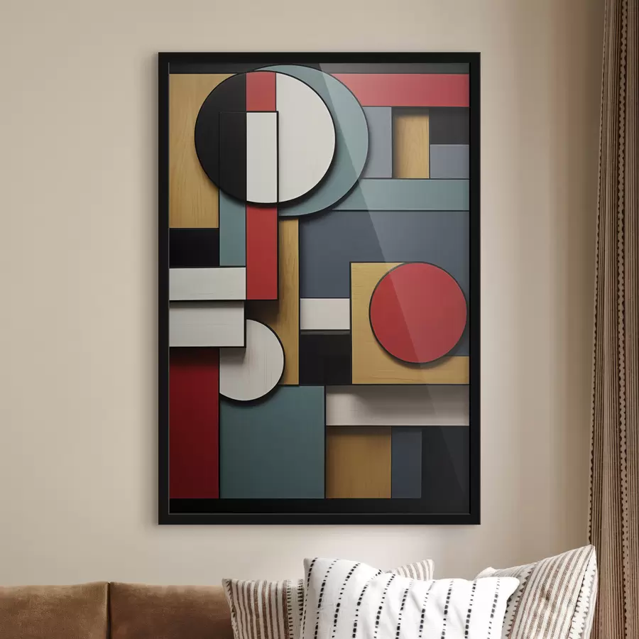 carta da parati Composizione geometrica astratta con imitazione della texture del legno, rettangoli e cerchi rossi, neri, bianchi e verde acqua nr. f47875