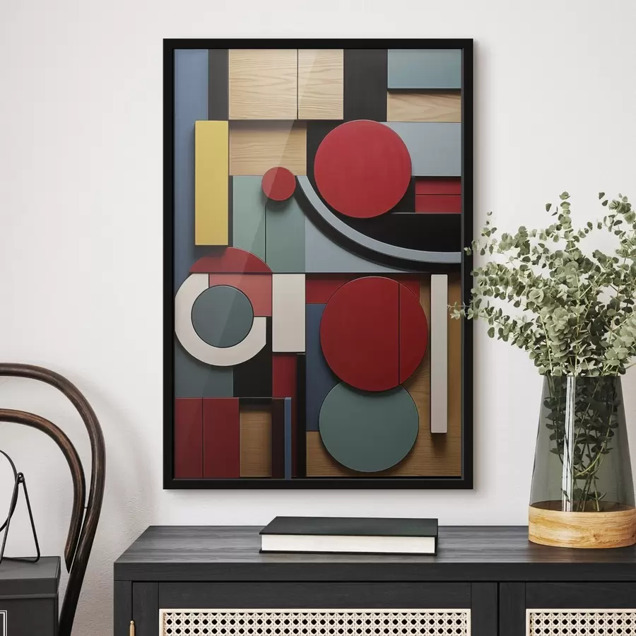 carta da parati Composizione geometrica astratta con imitazione della texture del legno, rettangoli e cerchi rossi, neri, bianchi e verde acqua nr. f47876