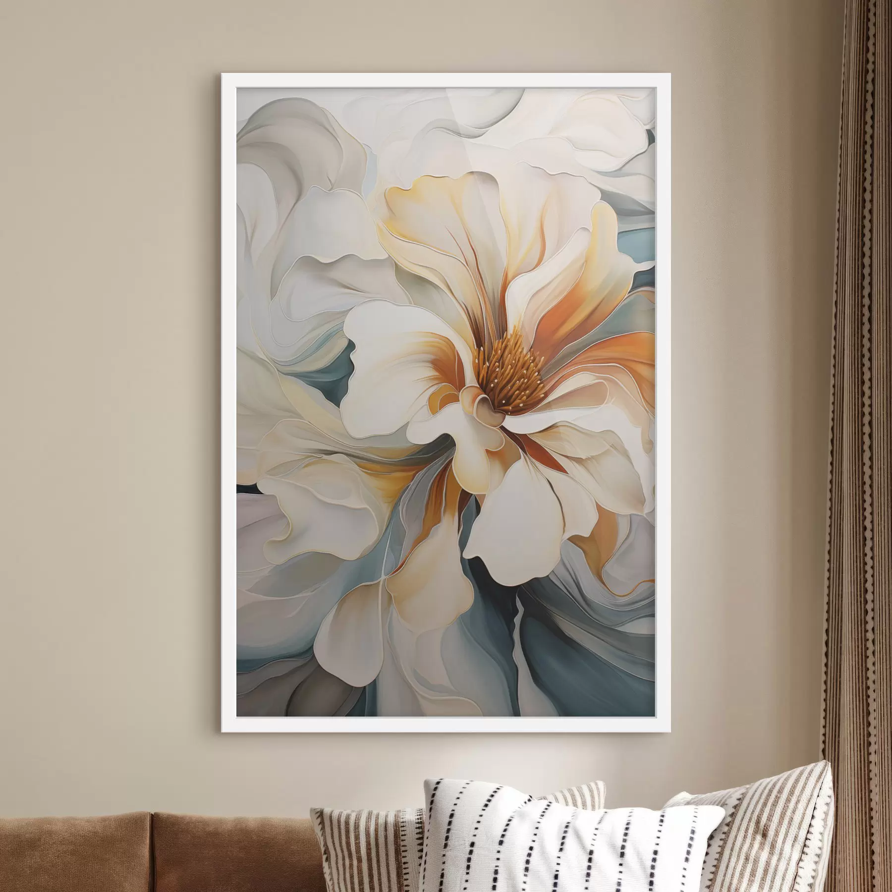 carta da parati Fiore astratto di grandi dimensioni con petali bianchi, arancioni e verde acqua, sfondo strutturato nr. f47877