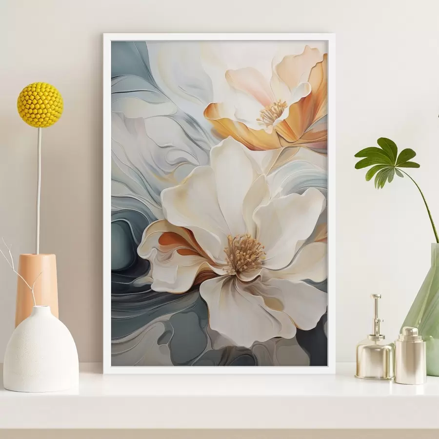 carta da parati Fiore astratto di grandi dimensioni con petali bianchi, arancioni e verde acqua, sfondo strutturato nr. f47878