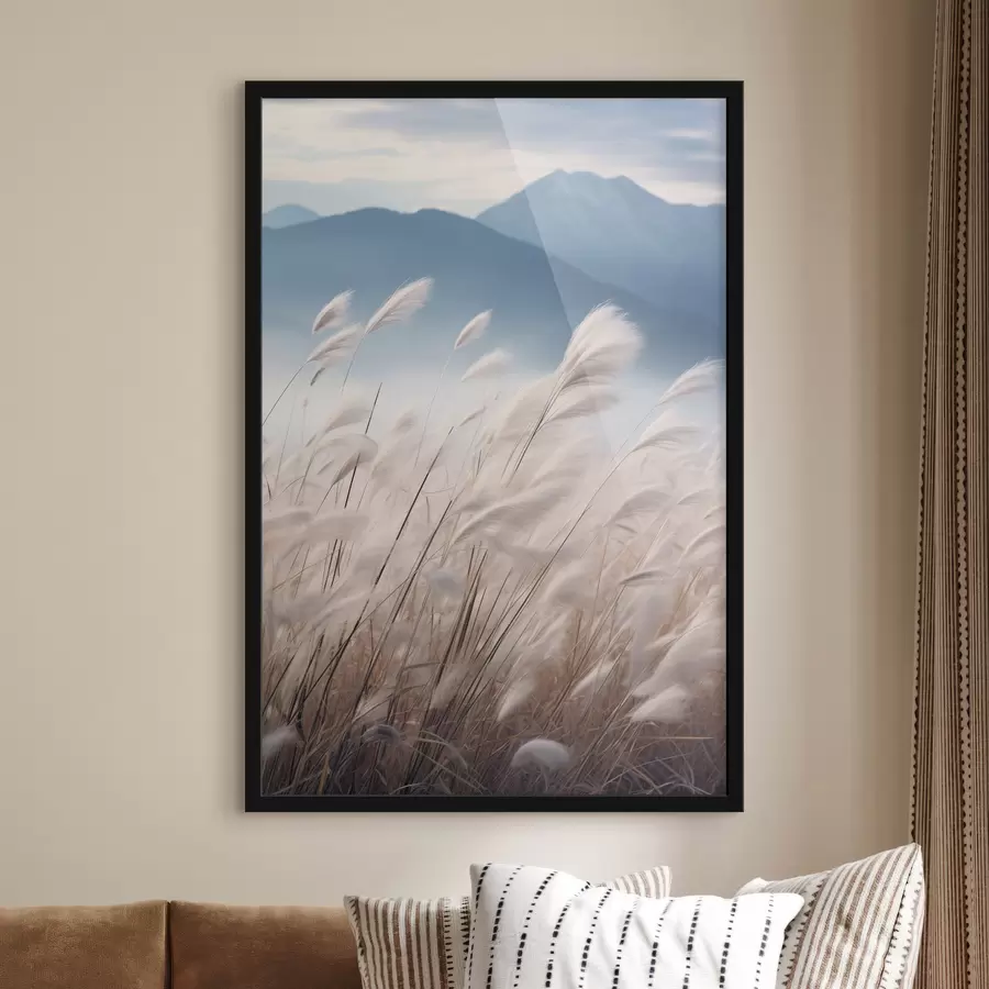 carta da parati Alta erba della pampa bianca che ondeggia al vento con morbide montagne blu sullo sfondo nr. f47879