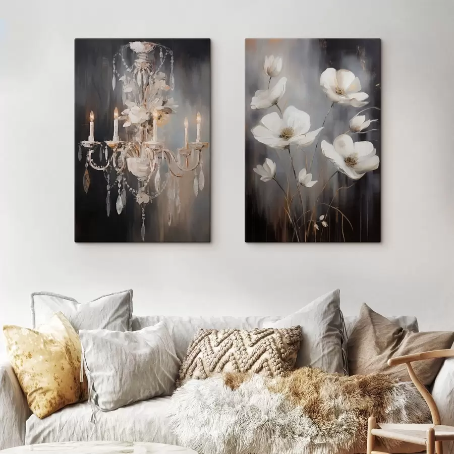 carta da parati Lampadario astratto decorato con candele accese e motivi floreali, su uno sfondo scuro e strutturato nr. m30049