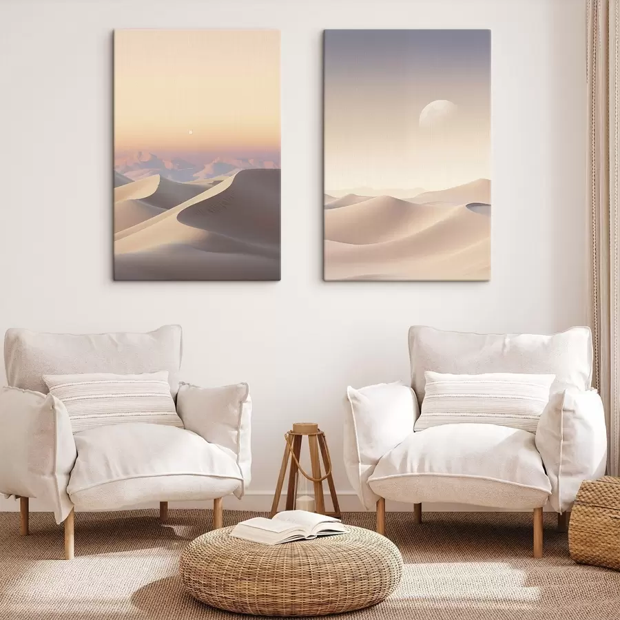 carta da parati Un paesaggio desertico con dune di sabbia ondulate sotto un cielo dai colori tenui, montagne lontane sullo sfondo nr. m30053