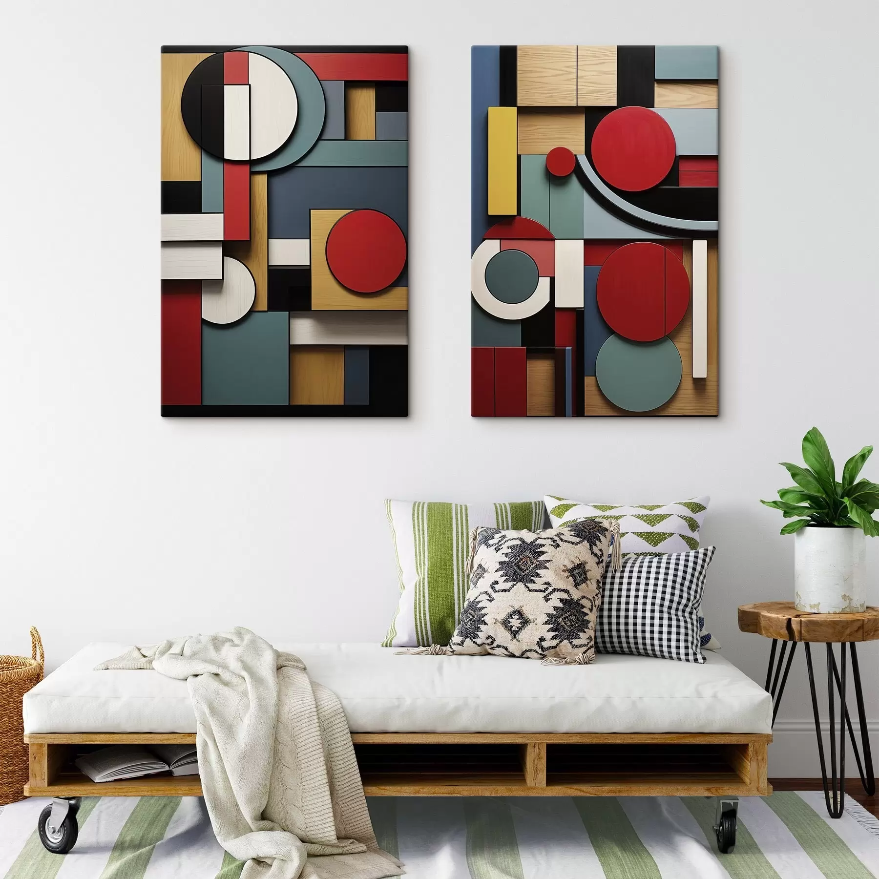 carta da parati Composizione geometrica astratta con imitazione della texture del legno, rettangoli e cerchi rossi, neri, bianchi e verde acqua nr. m30058