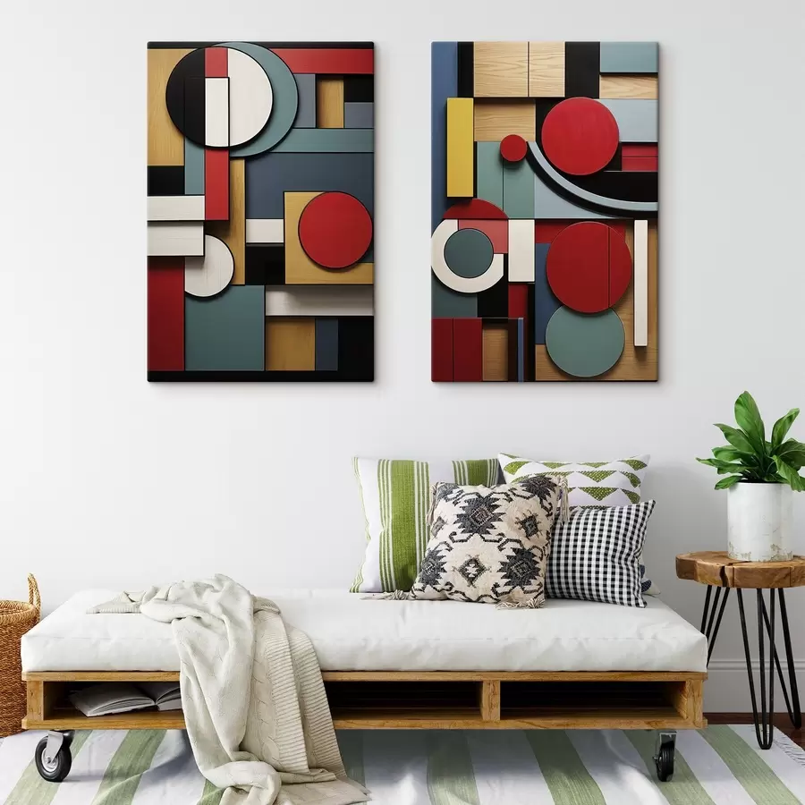 carta da parati Composizione geometrica astratta con imitazione della texture del legno, rettangoli e cerchi rossi, neri, bianchi e verde acqua nr. m30058