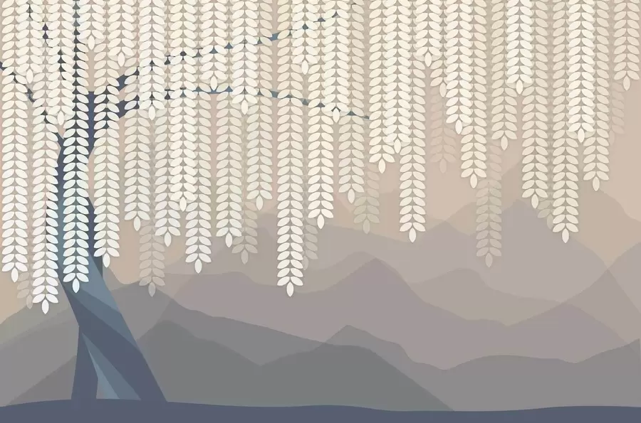 Carta da parati nature salice stilizzato con foglie pendenti su uno sfondo di montagne minimaliste nei toni del beige e del blu-verde 