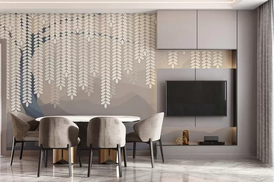 Carta da parati nature salice stilizzato con foglie pendenti su uno sfondo di montagne minimaliste nei toni del beige e del blu-verde 