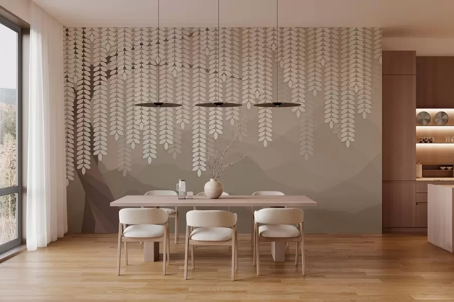 Carta da parati nature salice stilizzato con foglie pendenti su uno sfondo di montagne minimaliste nei toni del caffè 