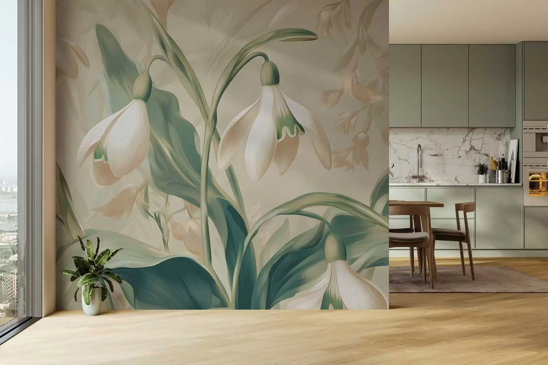 carta da parati bucaneve in fiore su sfondo beige nr. w05234