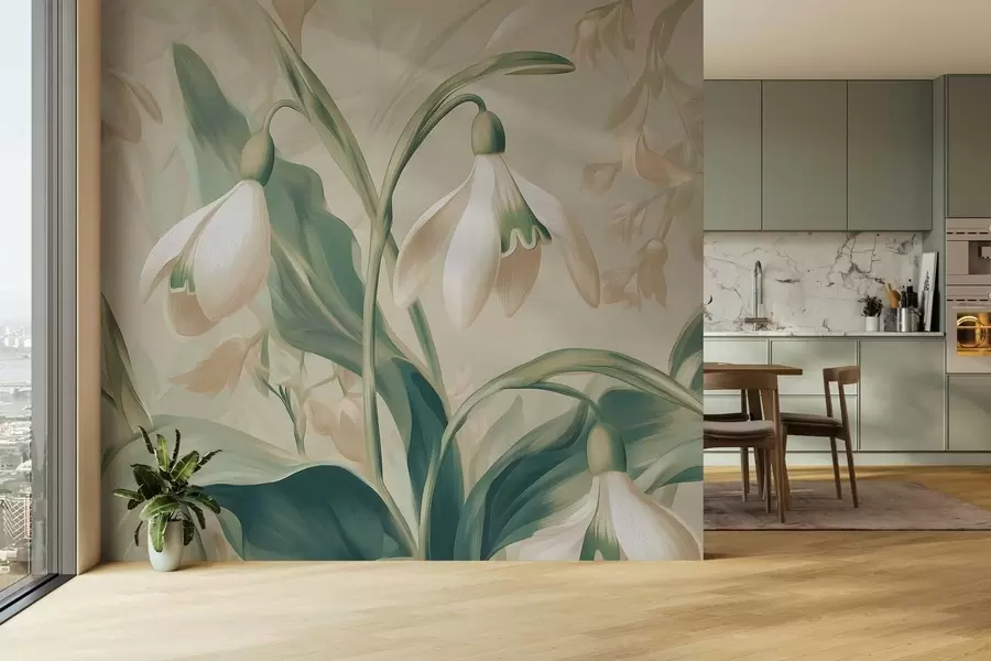 carta da parati bucaneve in fiore su sfondo beige nr. w05234