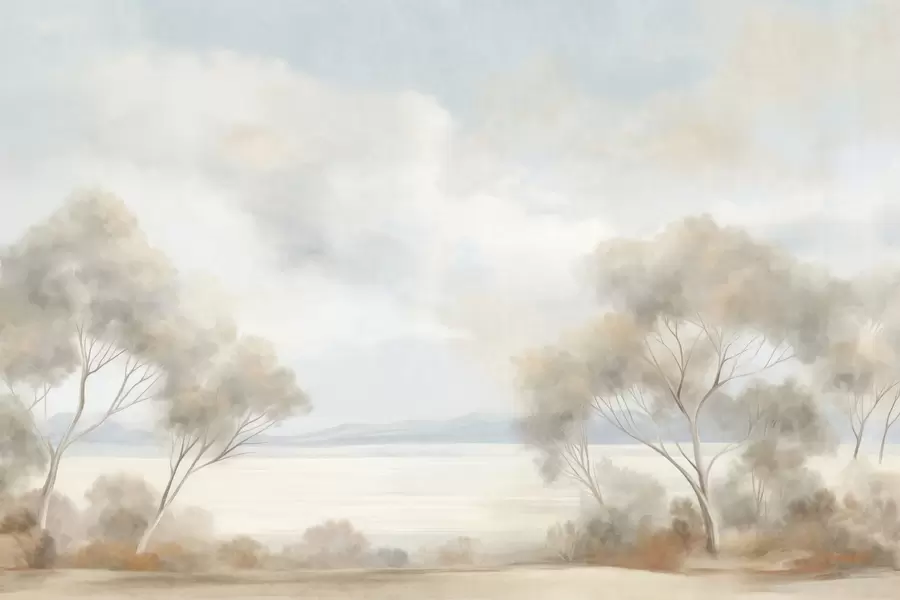 Carta da parati nature Uno stile pittorico paesaggistico con alberi sotto un cielo nuvoloso 