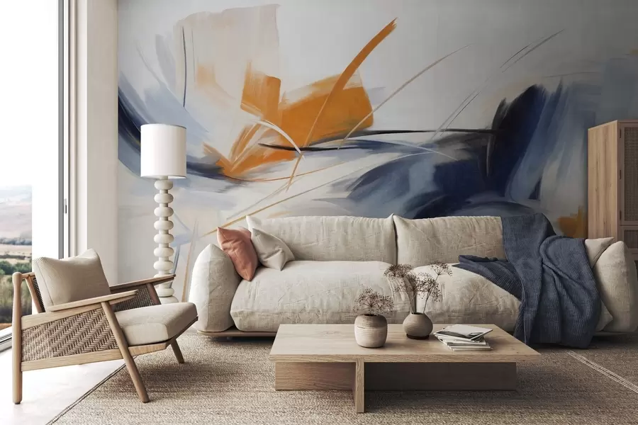 carta da parati Stile pittorico astratto con pennellate materiche arancioni e blu nr. w09755