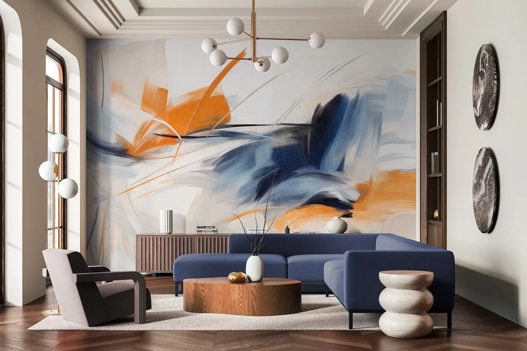 carta da parati Stile pittorico astratto con pennellate materiche arancioni e blu nr. w09755