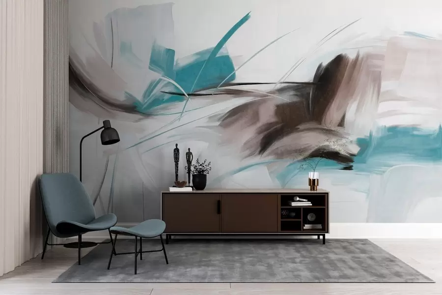 carta da parati Stile pittorico astratto con pennellate materiche marroni e blu nr. w09755v1