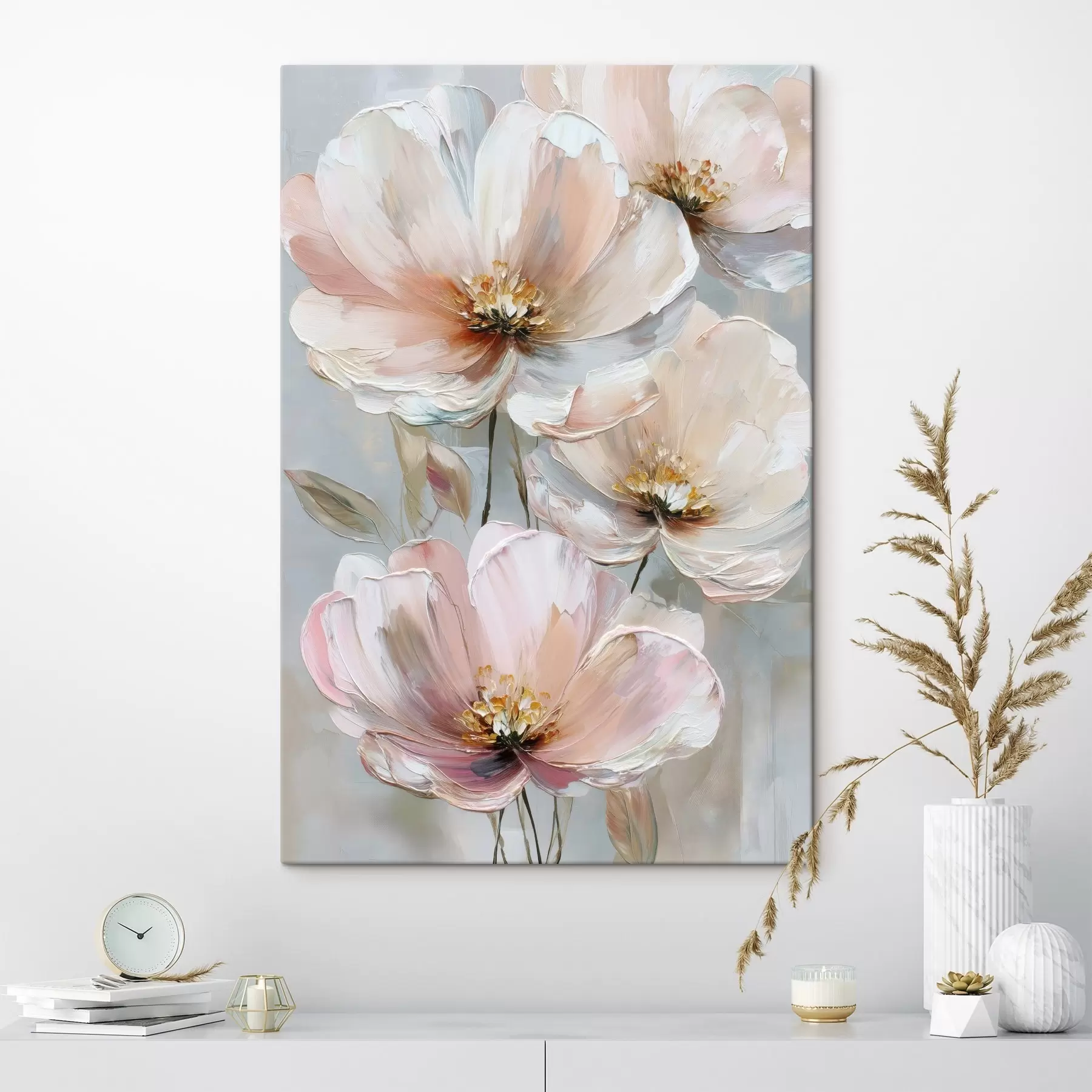 carta da parati Fiori bianco-rosa con pennellate espressive in stile pittura a olio nr. s47962