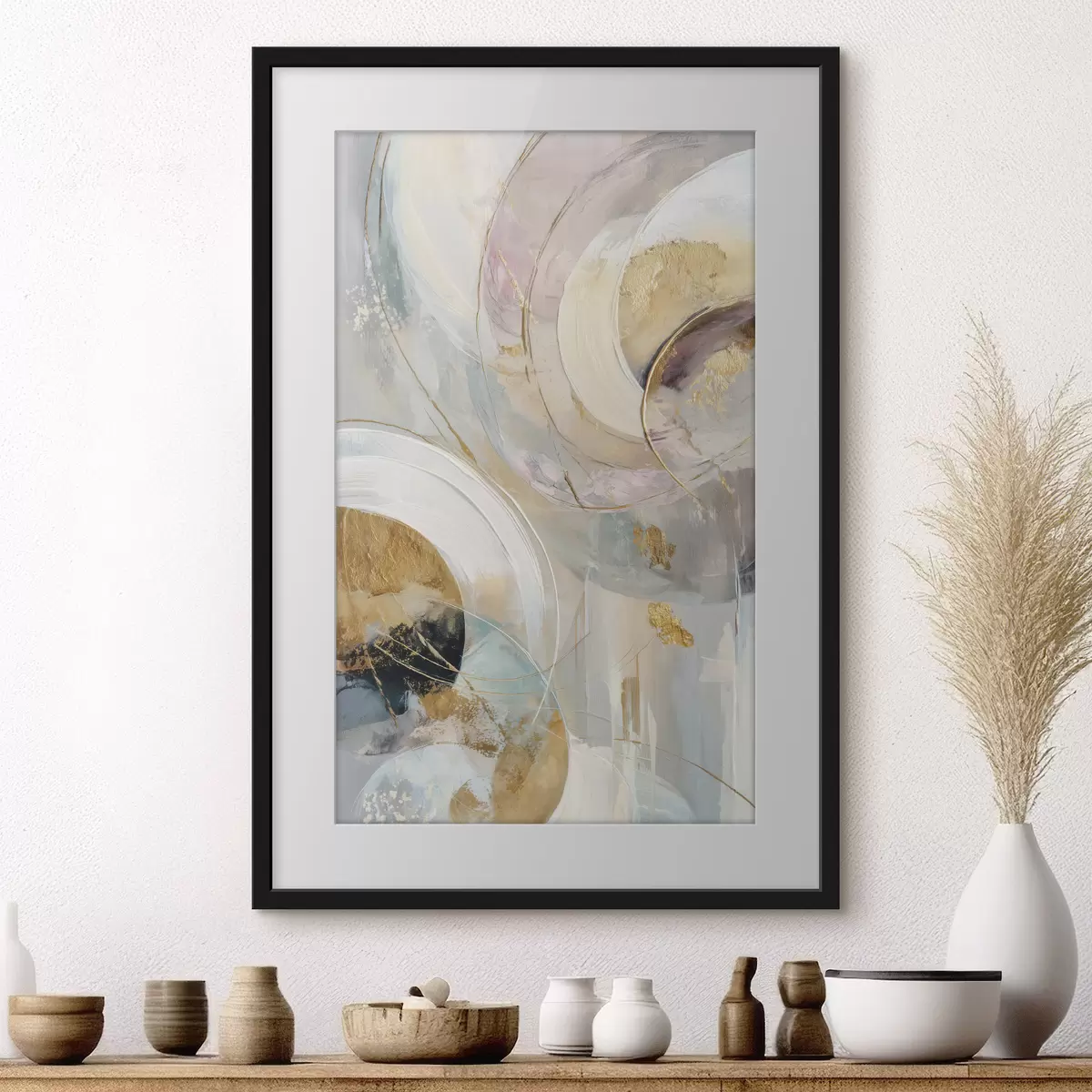 Poster Composizione con elementi circolari stratificati e pennellate f47983