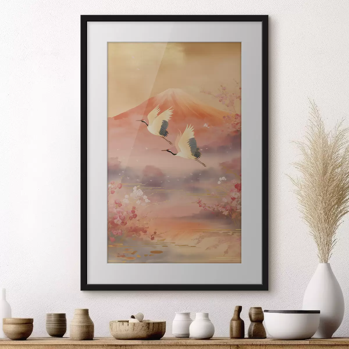 Poster Motivo tradizionale orientale con fiori di ciliegio e gru f47991