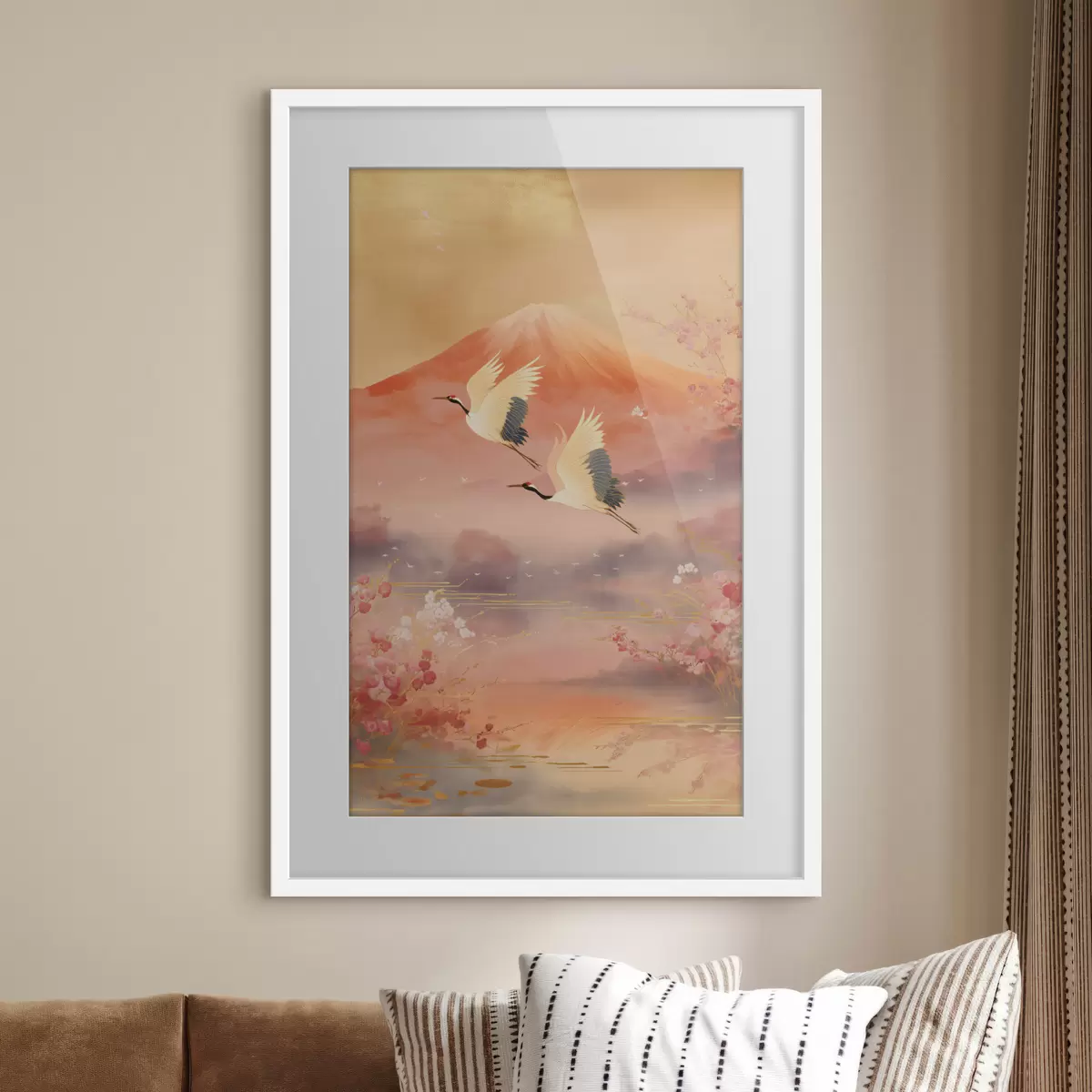 Poster Motivo tradizionale orientale con fiori di ciliegio e gru f47991