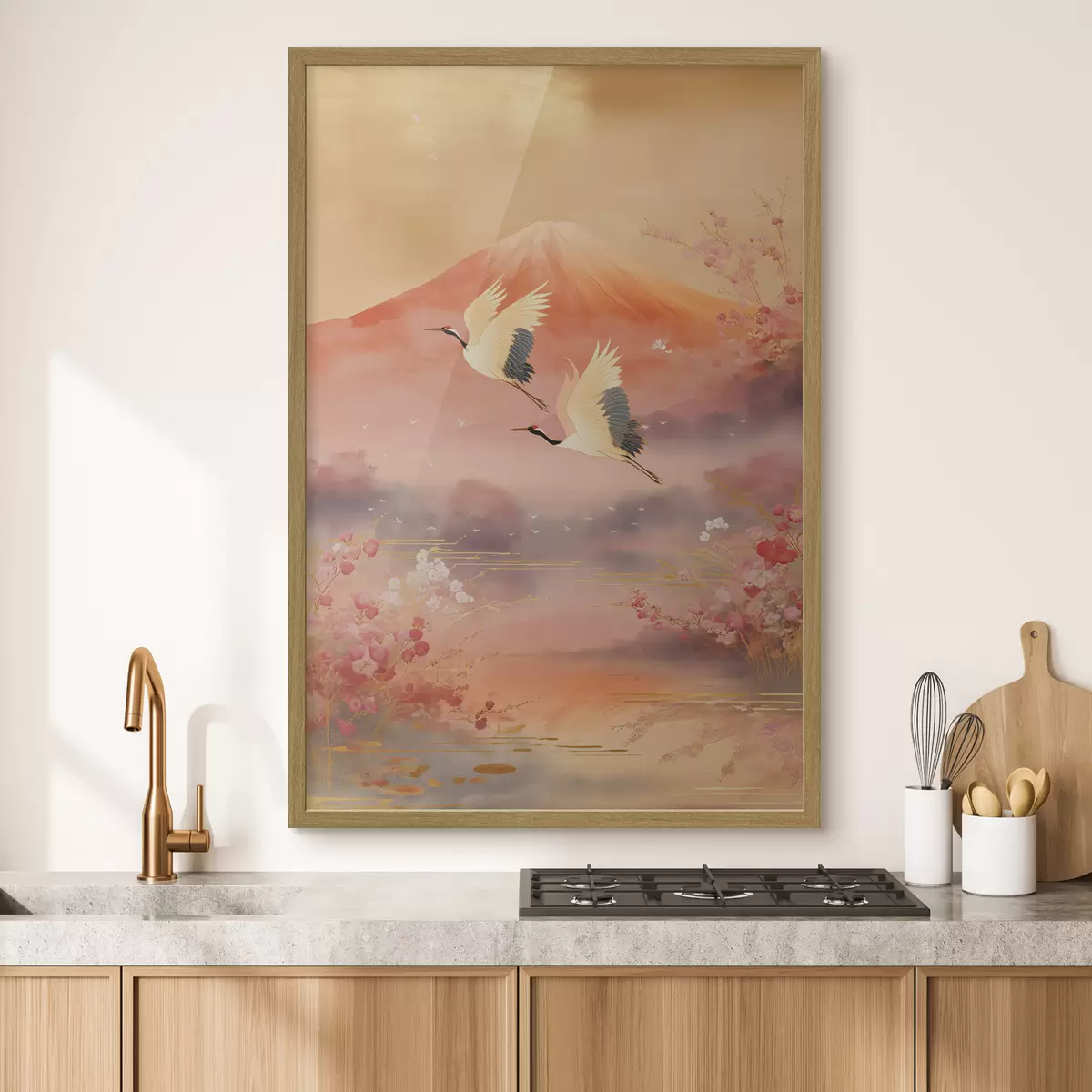 Poster Motivo tradizionale orientale con fiori di ciliegio e gru f47991