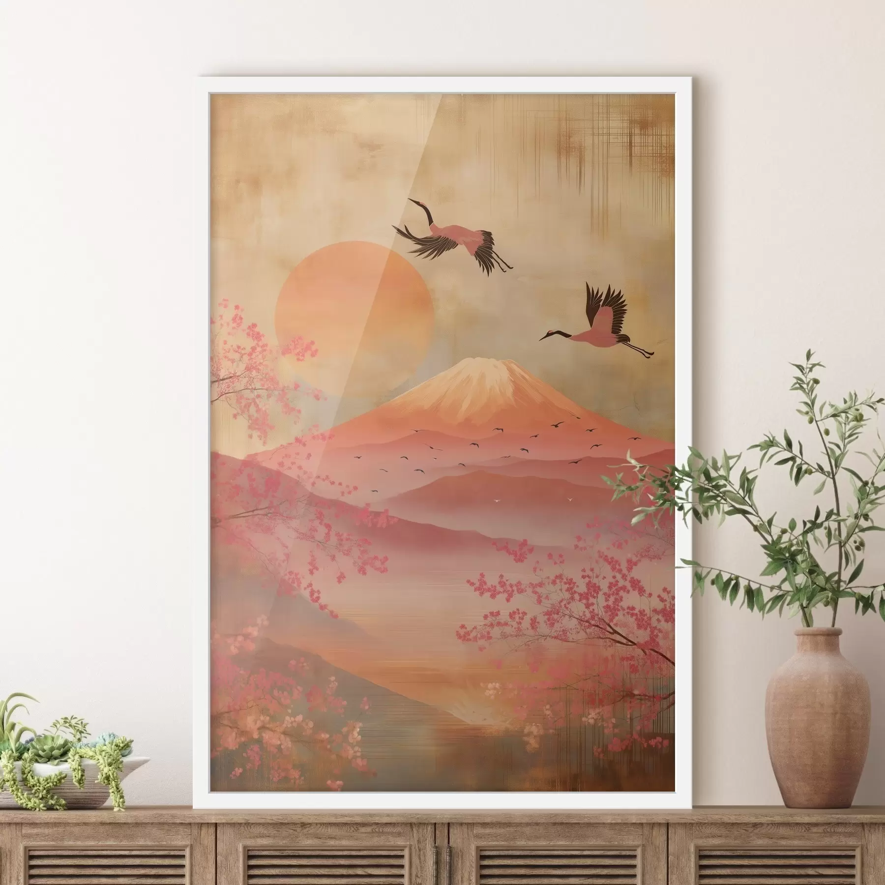 carta da parati Gru contro il sole e le montagne: illustrazione in stile arte digitale nr. f47992