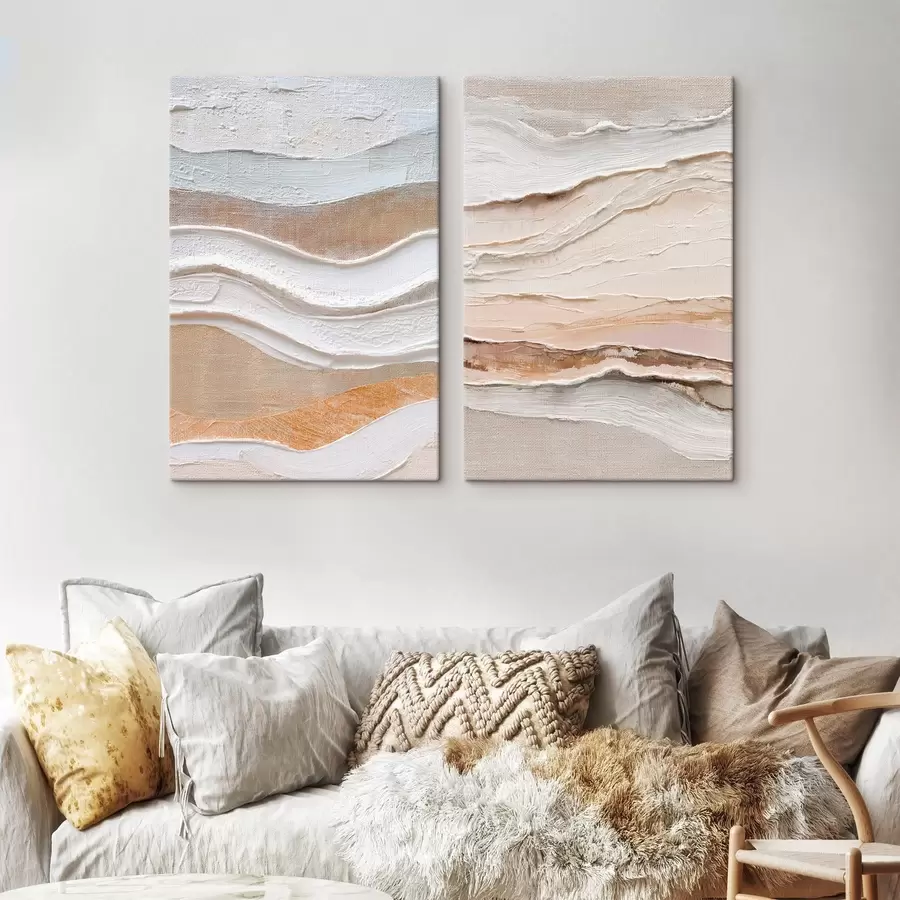 carta da parati Dittico minimalista con onde materiche su sfondo di lino nr. m30031