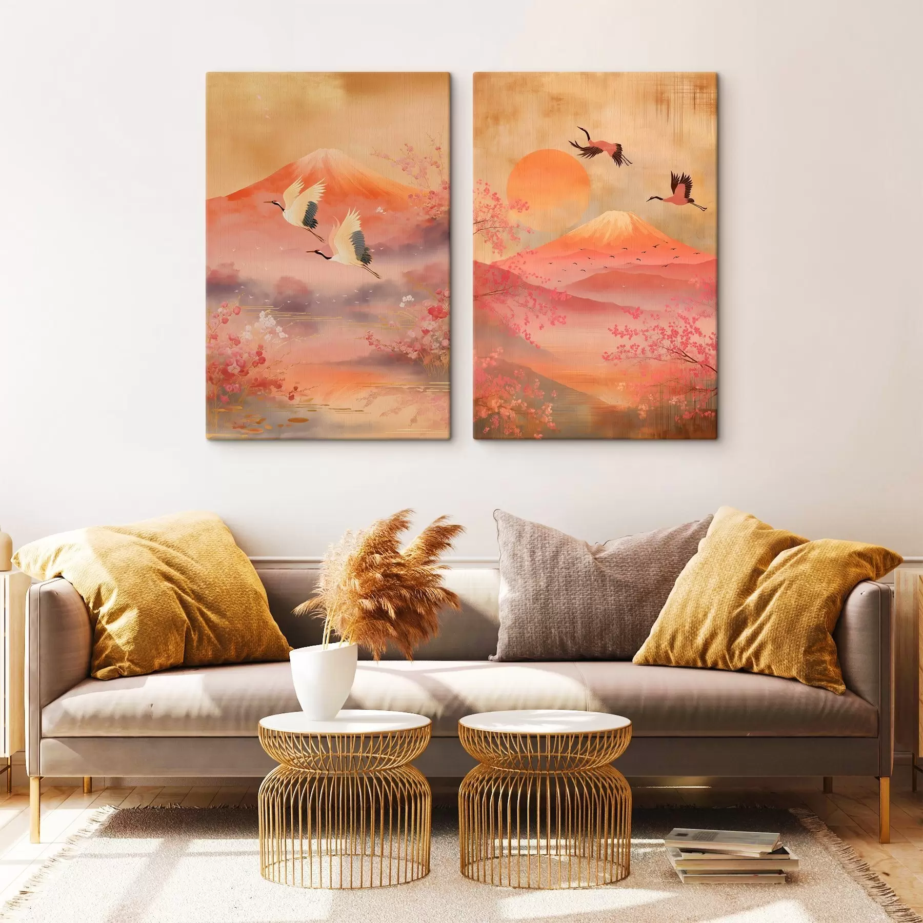 carta da parati Paesaggio giapponese con gru e Monte Fuji in uno stile illustrativo classico nr. m30042