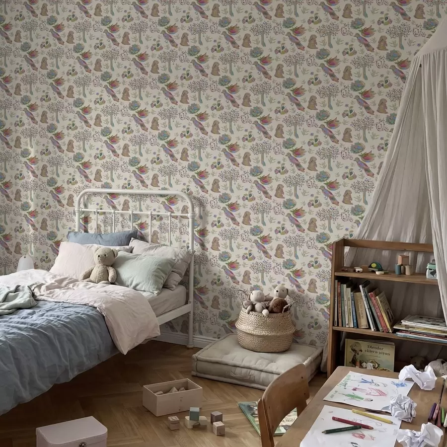 carta da parati Motivo colorato per bambini con uccelli e coniglietti nr. a01127