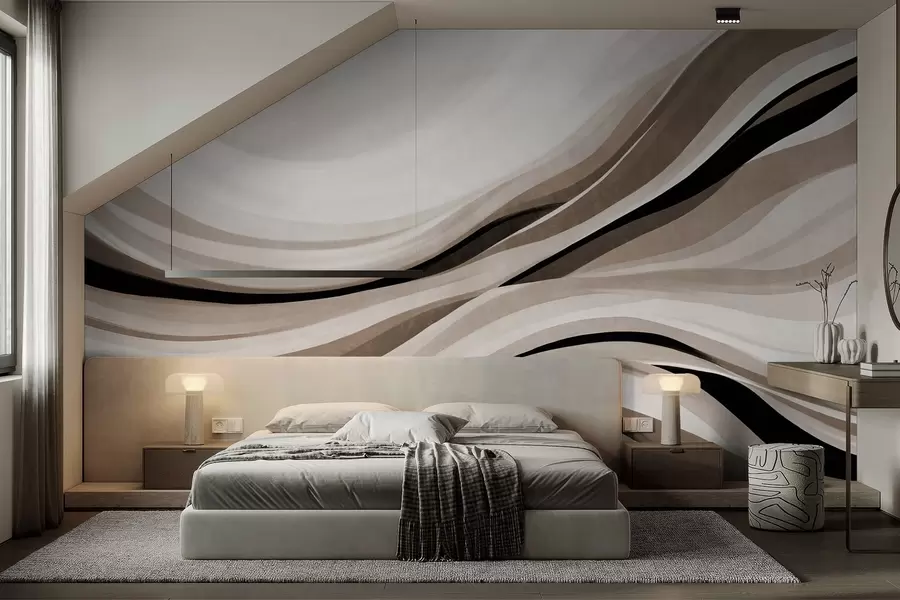 carta da parati Linee ondulate astratte nei toni del beige e del nero su sfondo chiaro, arte materica nr. w09748