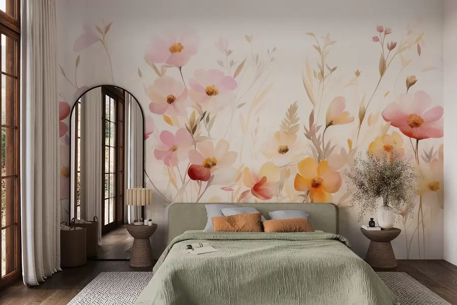 Carta da parati Floreale Campo astratto di fiori selvatici dai toni pastello, stile pittorico ad acquerello n. w09757