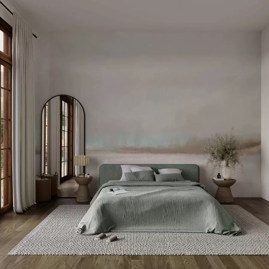 Carta da parati nature Paesaggio nebbioso con lago e foresta 