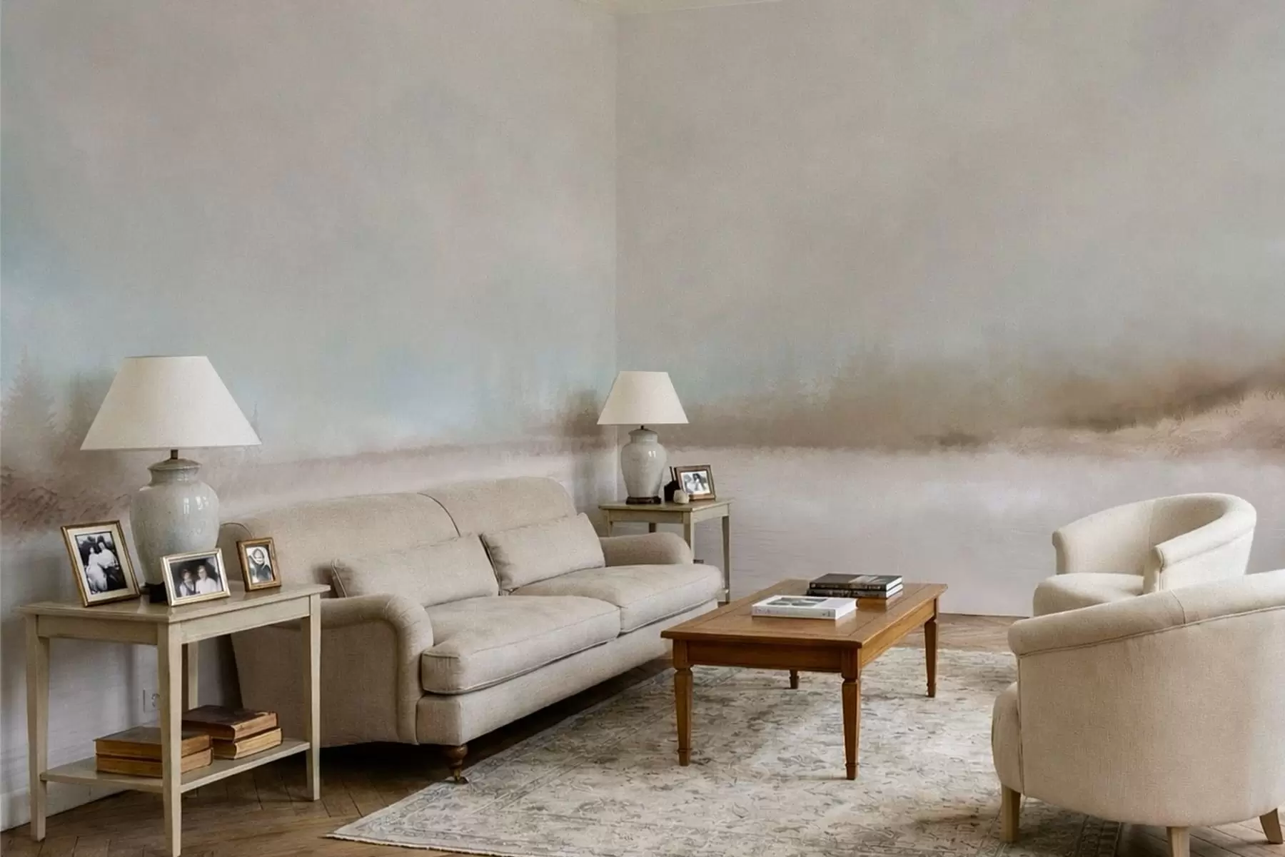 Carta da parati nature Paesaggio nebbioso con lago e foresta 