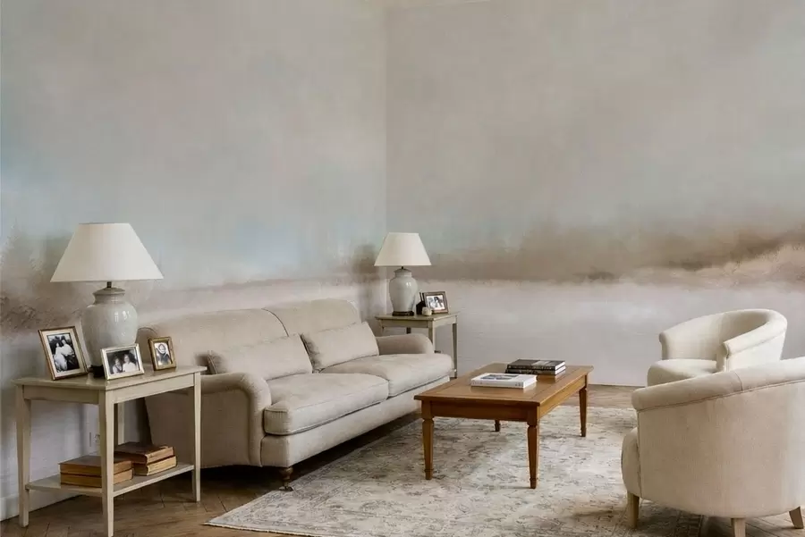 Carta da parati nature Paesaggio nebbioso con lago e foresta 