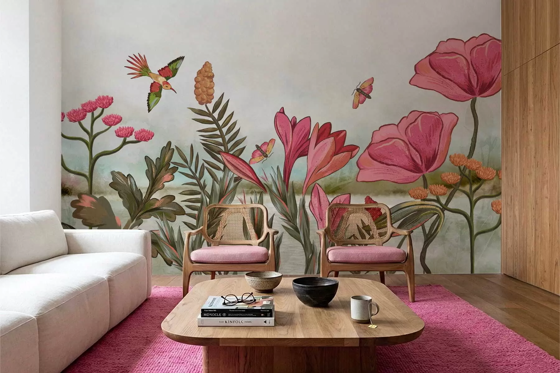 carta da parati Fiori dai colori vivaci con uccelli e farfalle nr. w05321