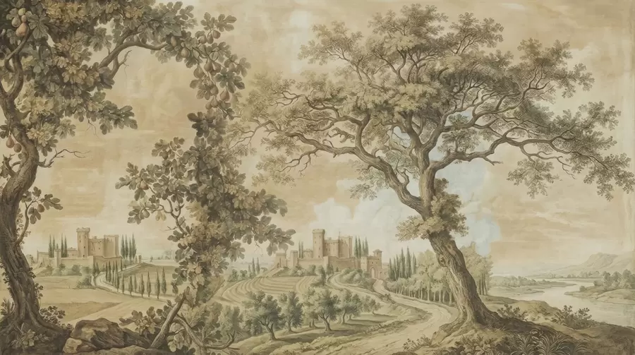 Carta da parati nature Paesaggio pastorale in stile ricamato 