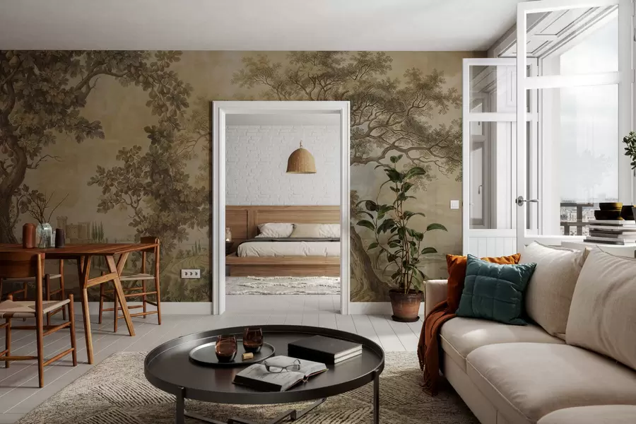 Carta da parati nature Paesaggio pastorale in stile ricamato 