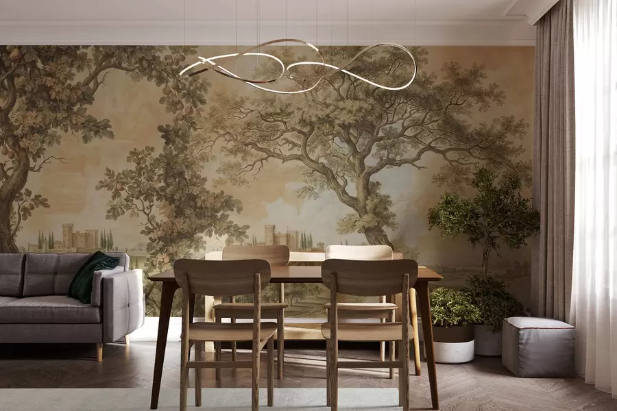 Carta da parati nature Paesaggio pastorale in stile ricamato 