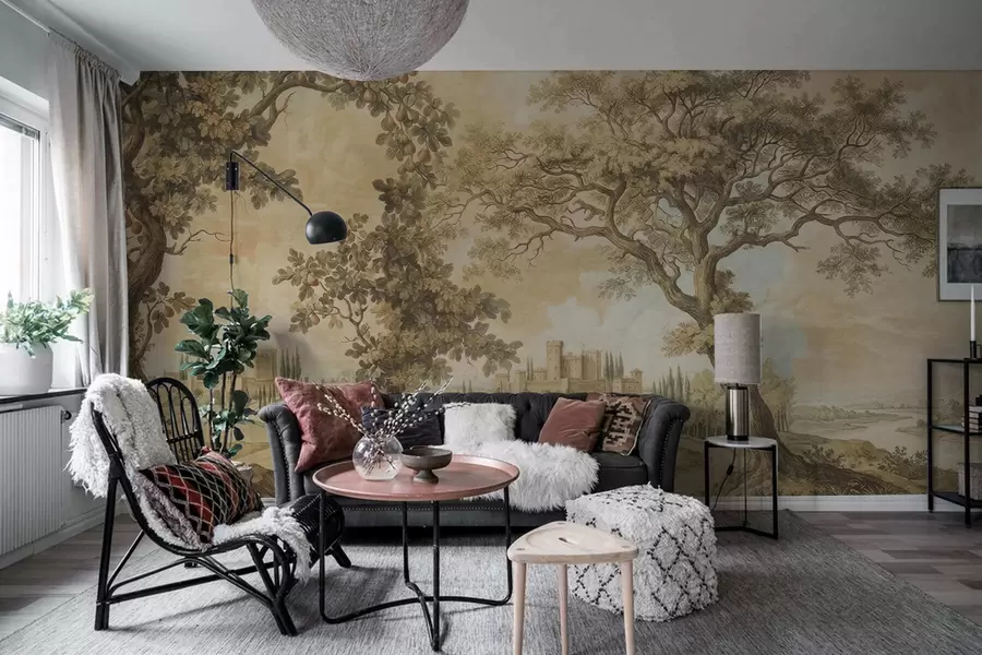 Carta da parati nature Paesaggio pastorale in stile ricamato 